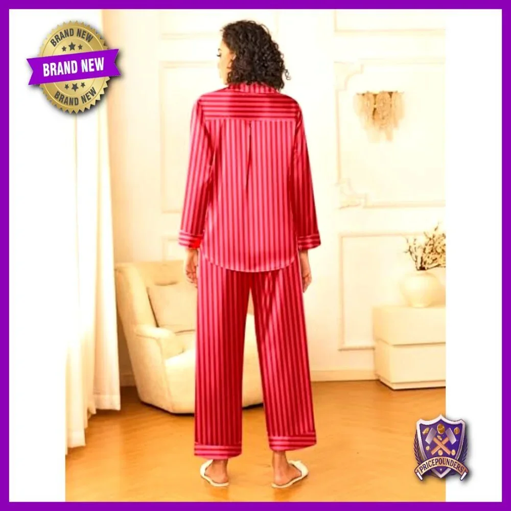 Silk Satin Pajama Set Long Sleeve Button Down Top and Pants Loungewear